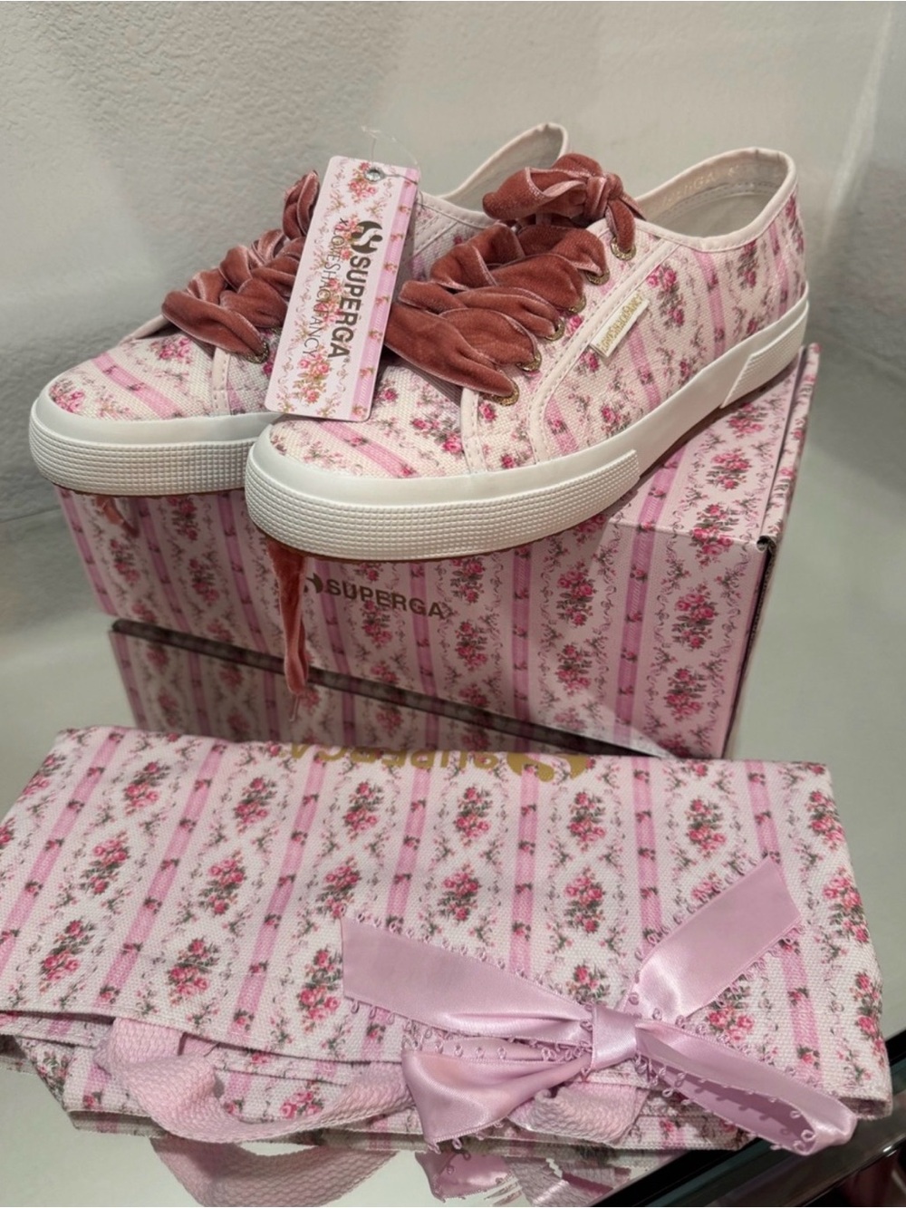 LoveShackFancy Pink Floral Ribbon-Lace Canvas Sneaker~Superga collab - Picture 5 of 6